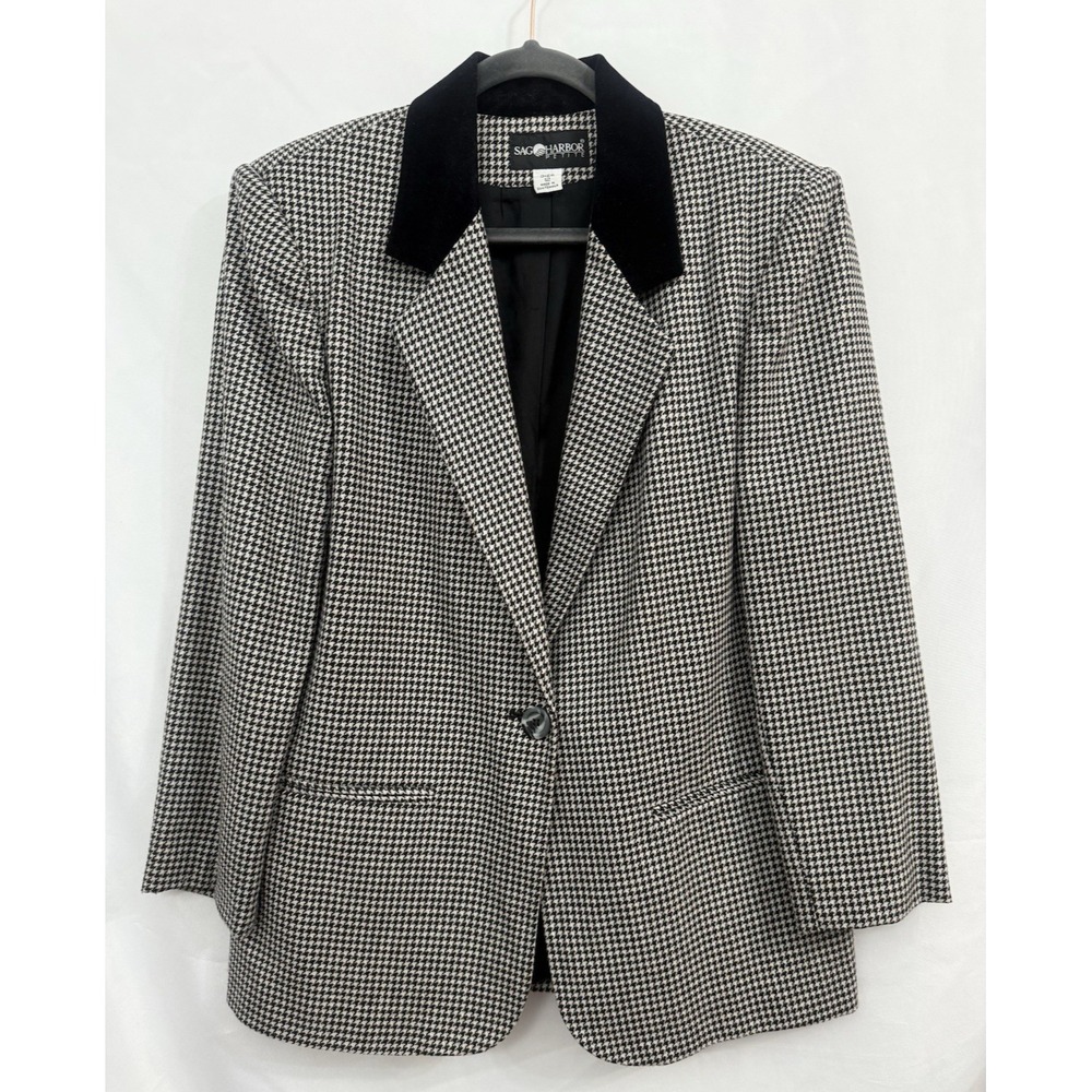VTG Sag Harbor Petite Houndstooth Wool Blend Blazer Velvet Collar Womens Size 12